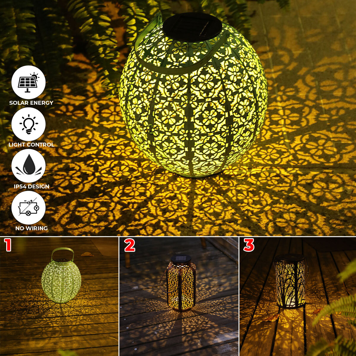 LED Solar Lantern Hanging Light Outdoor Garden Courtyard Retro Hollow Out Projection Lamp