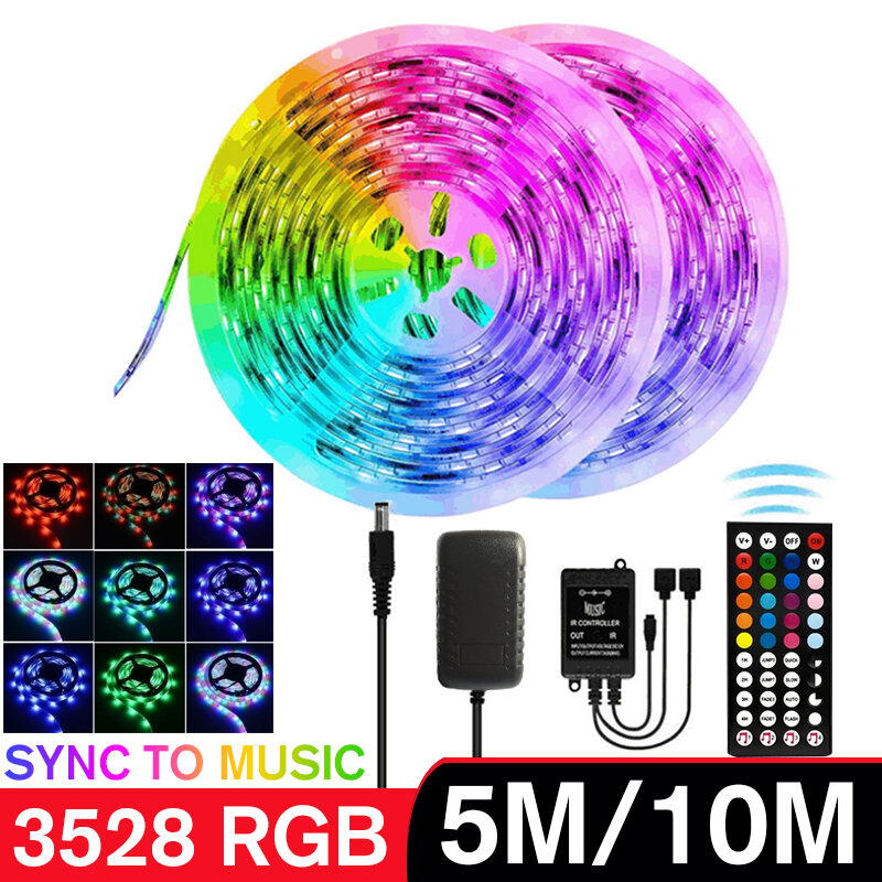 

5M/10M 3528 SMD RGB LED Strip Light Sync Music Control Non-waterproof String Lamp+ 44Keys IR Remote Controller