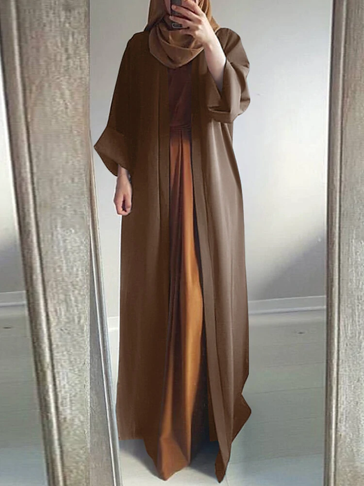 Women Vintage Solid Color Loose Casual Cardigan Abaya Kaftan Long Sleeve Robe