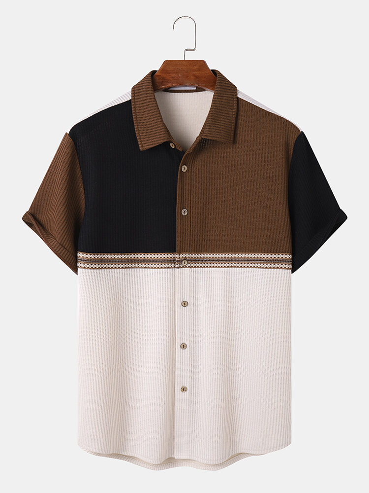 Heren kleurblok patchwork geometrische lint getextureerde shirts met korte mouwen