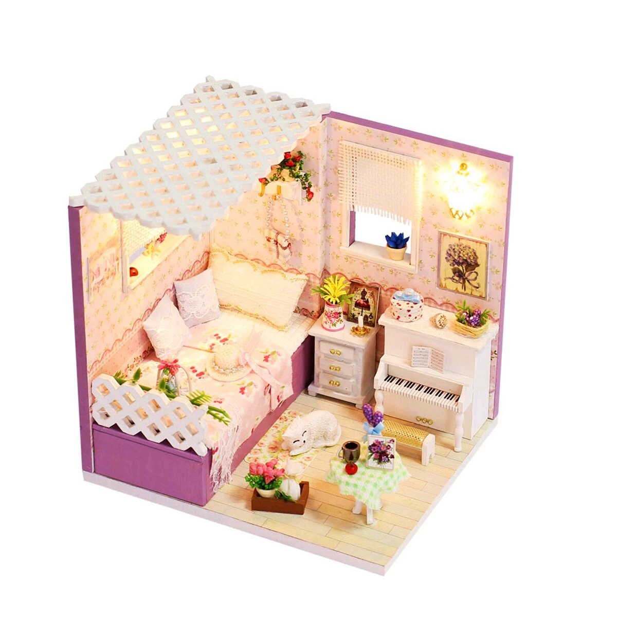Diy wooden doll house room furniture set led light miniature girl princess christmas room puzzle toy gift decor
