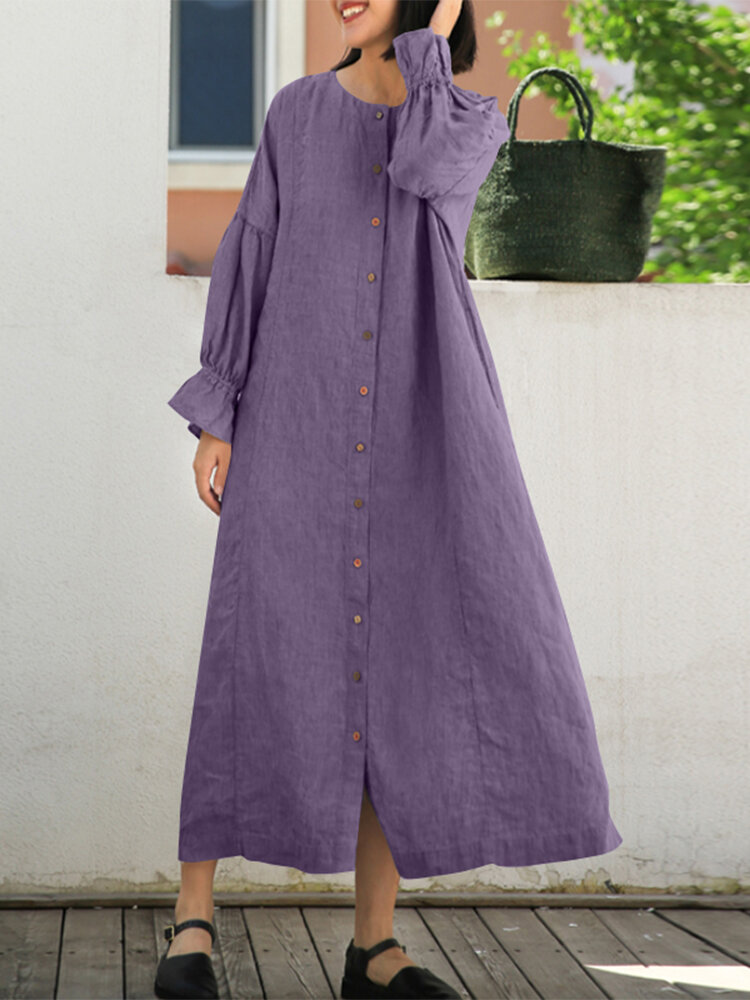 Women Long Sleeve Puff Sleeve 100% Cotton Solid Color FrontButton Midi Dresses