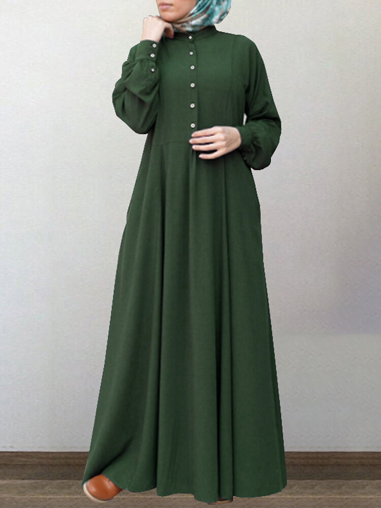 Women Cotton Solid Retro Mandarin Collar Puff Sleeve Button Up Long Sleeve Maxi Dress