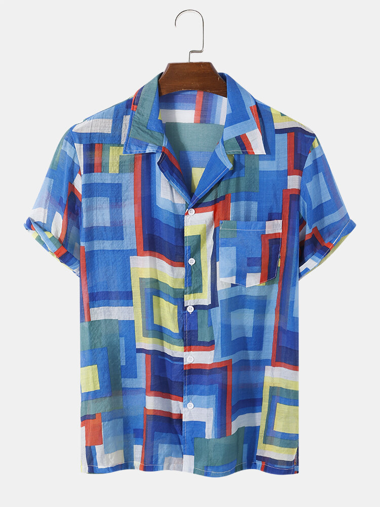 

Mens Geometry Color Block Preppy Revere Collar Shirt With Pocket