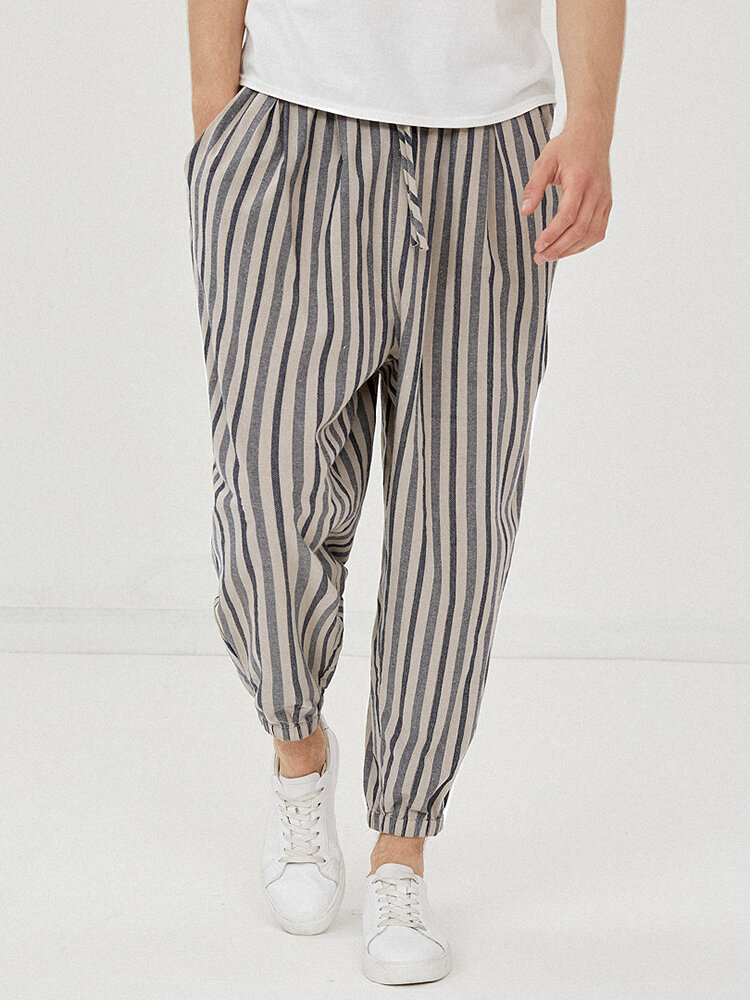 

Banggood Designed Mens 100% Cotton Vertical Stripe Loose Drawstring Elastic Cuff Pants