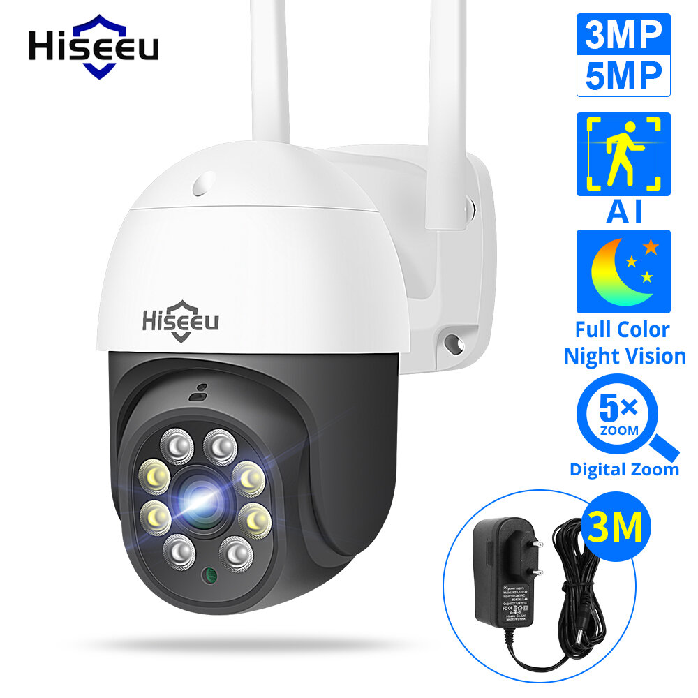 A câmera IP PTZ Hiseeu 3MP / 5MP ao ar livre oferece segurança com detecção humana AI H.265X Câmeras de vigilância WiFi