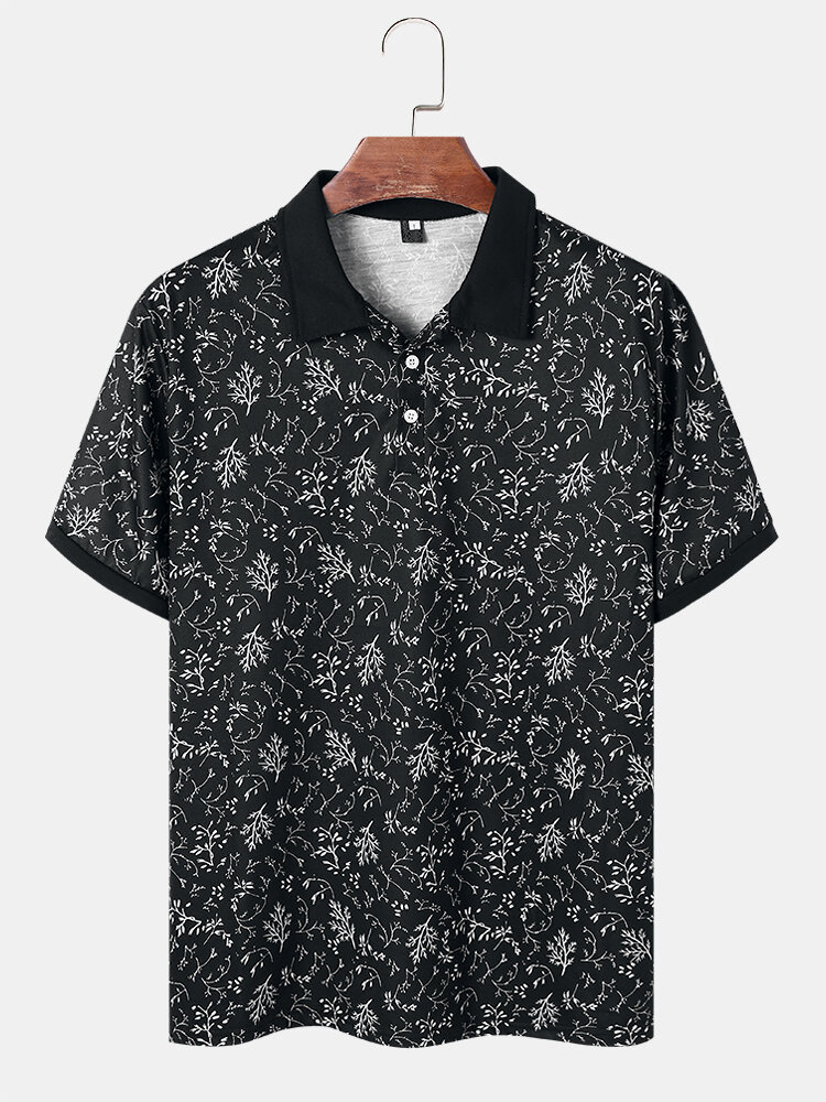 Men Ditsy Floral Vintage All Matched Skin Friendly Buttons Neck Polos Shirts