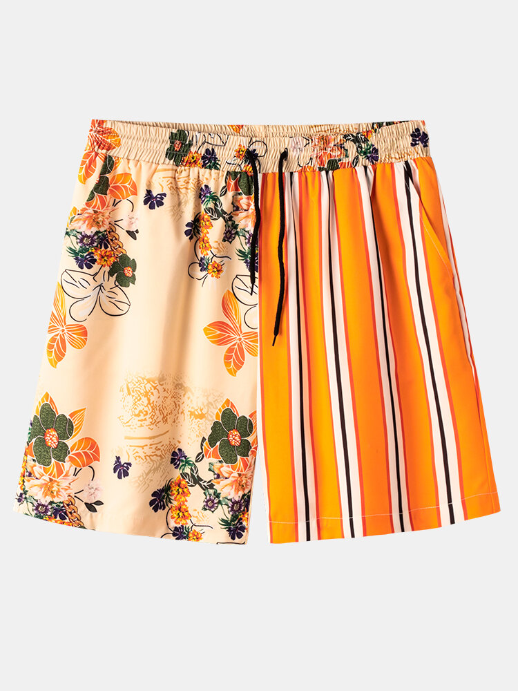 Heren gestreepte bloemenprint patchwork trekkoord comfortabele causla shorts