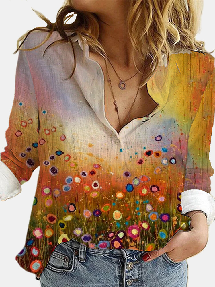 Women Floral Printed Long Sleeve Lapel Casual Button Shirt