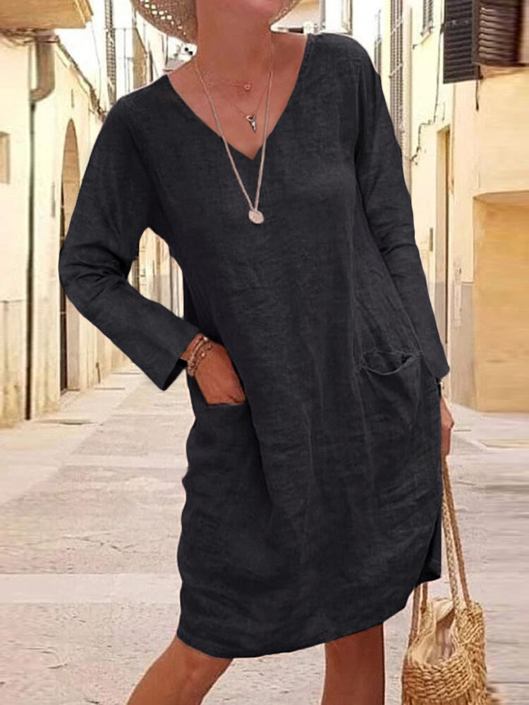 Women Cotton Solid V-Neck Casual Long Sleeve Midi Dress With Pockets