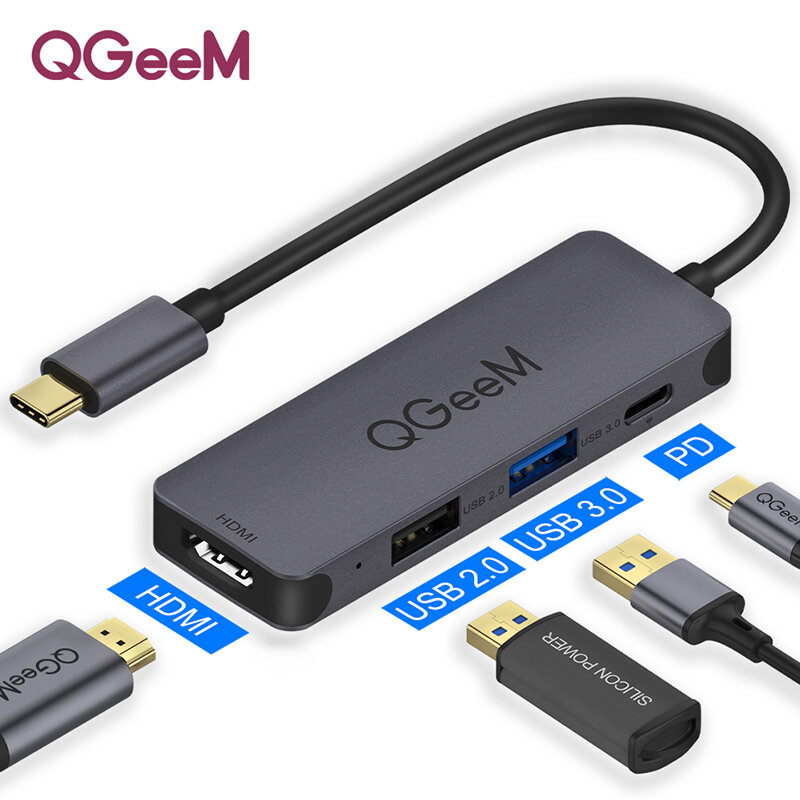 

QGEEM 4-in-1 USB-C HUB Docking Station Adapter Splitter With 100W USB-C PD3.0 Power Delivery / USB 2.0 / USB 3.0 / 4K HD