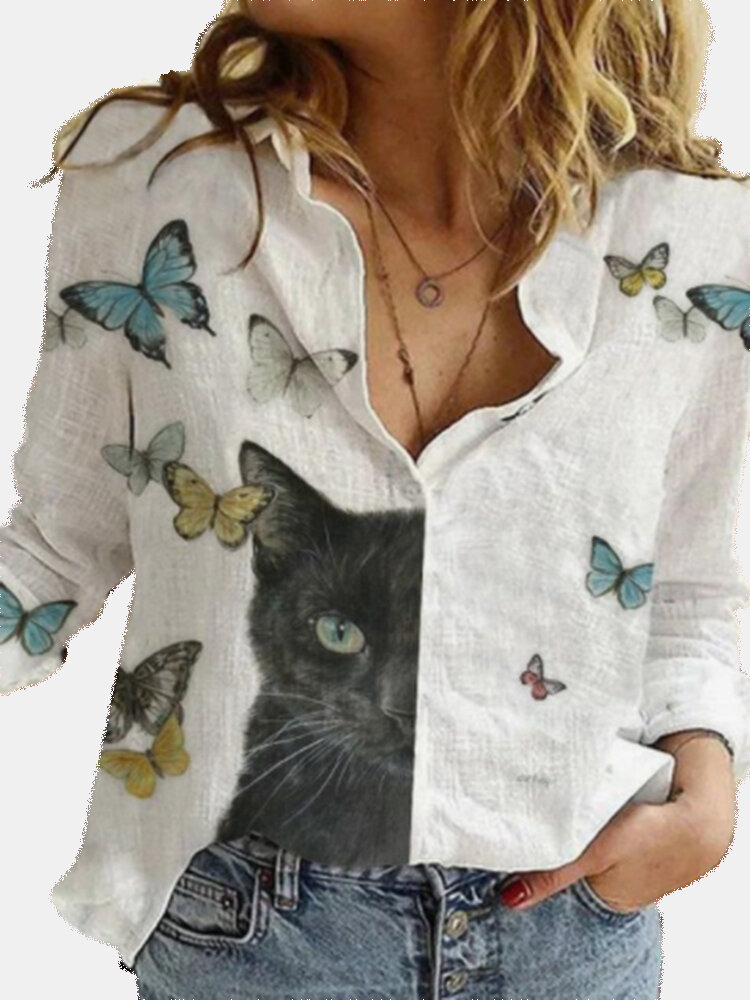 Women Cartoon Cat Butterfly Print Button Up Lapel Casual Long Sleeve Shirts