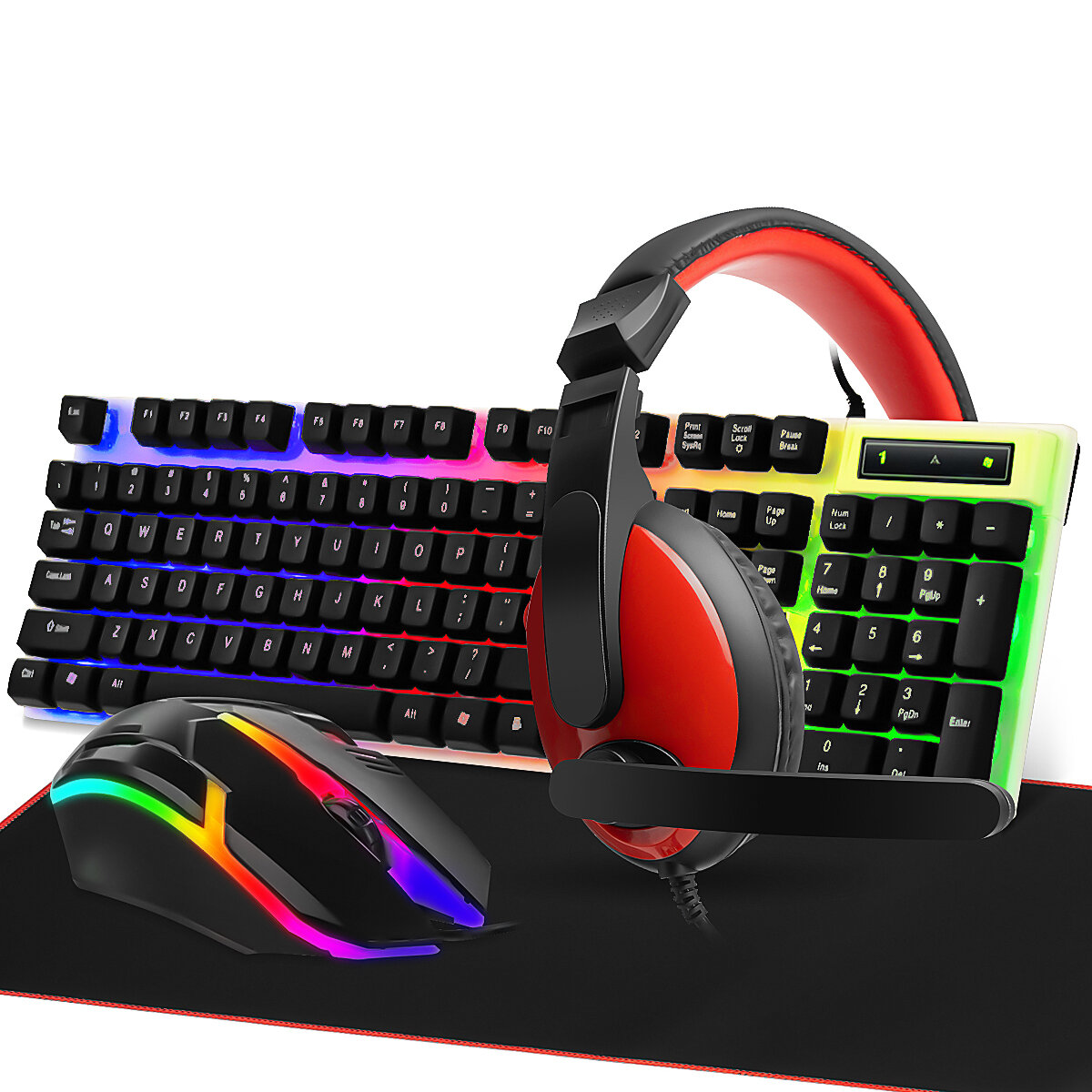 SHPADOO 4 in 1 Keyboard Mouse Headset Mousepad Combo 104-Keys Suspended Translucent Keycaps Colorful Glow Backlight Mous
