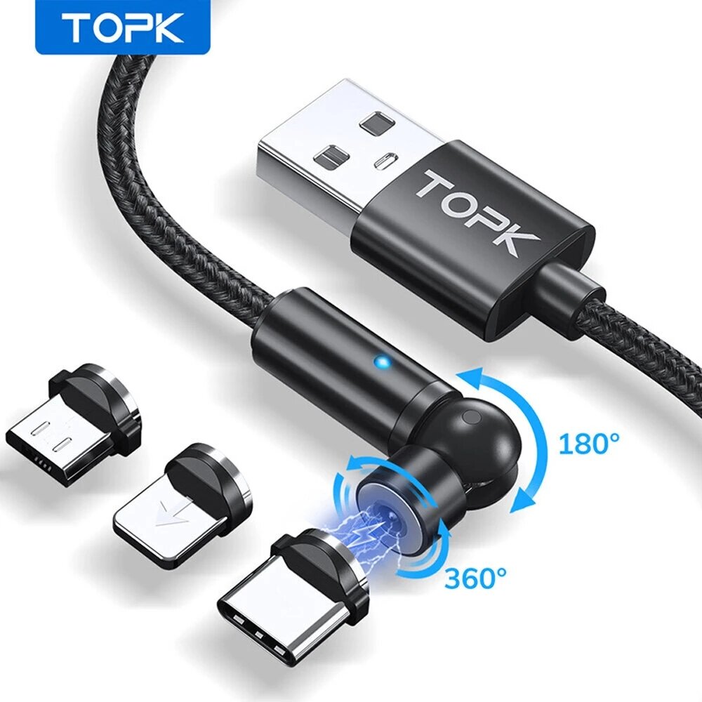 

[3Pcs Black] TOPK AM68 3 In 1 Magnetic Cable 540° Rotation Elbow LED Indicator Fast Charging Data Transmission Cord Line