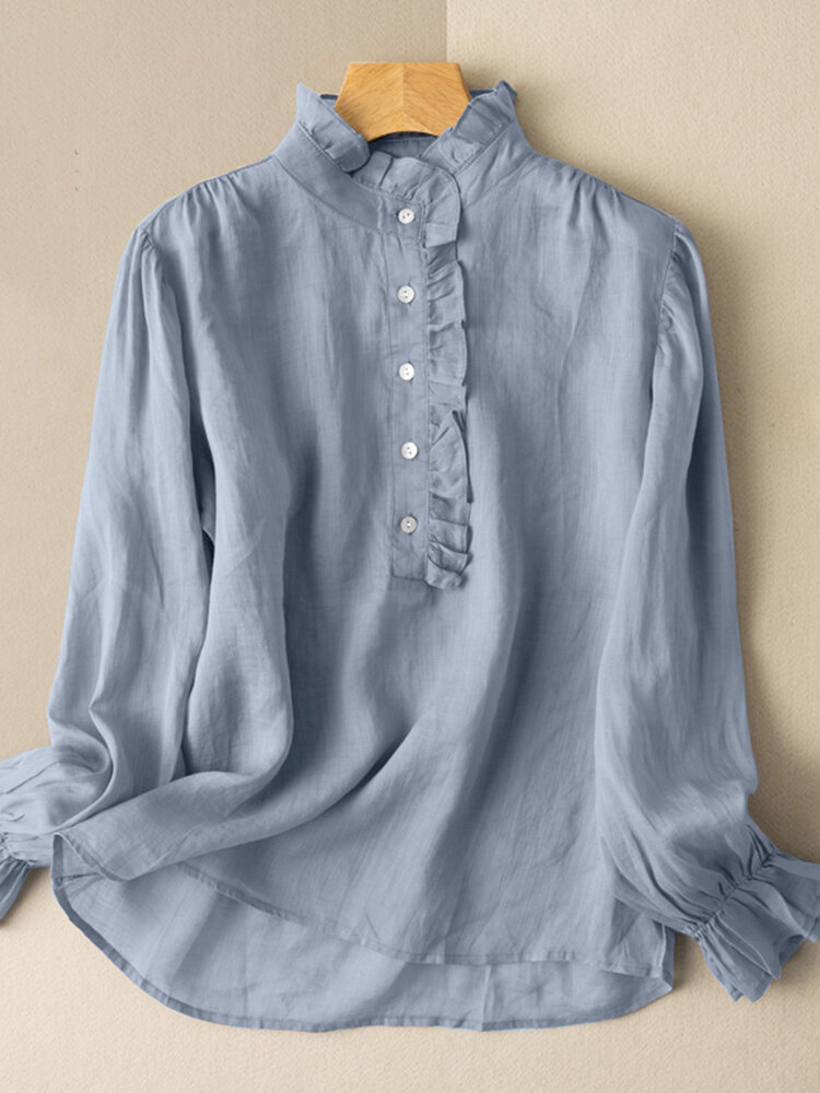 Effen kleur lange mouw standaard kleur gegolfde blouse voor dames