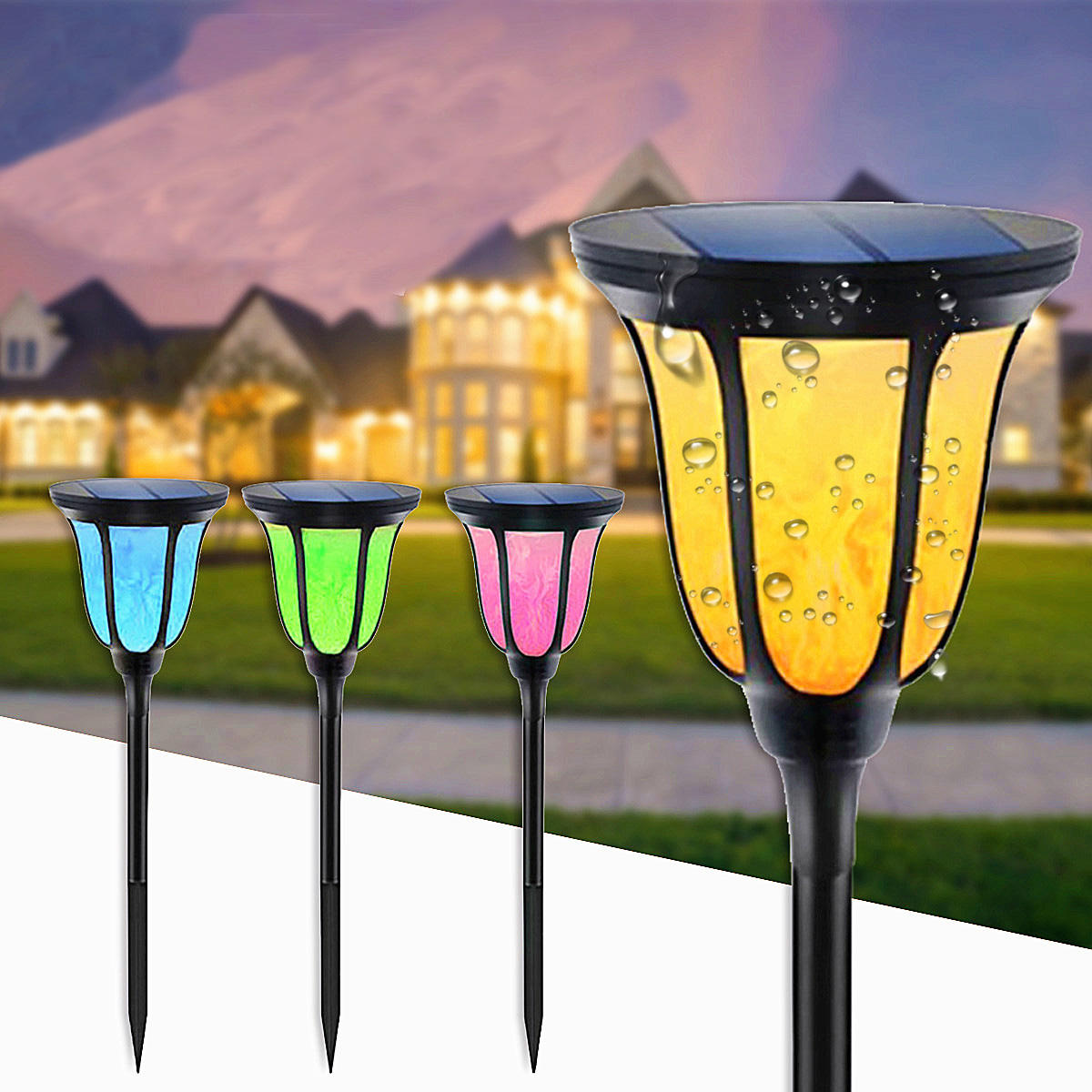 96 LED Solar Flame Light Waterproof Camping Garden Decor Lantern Flickering Lamp