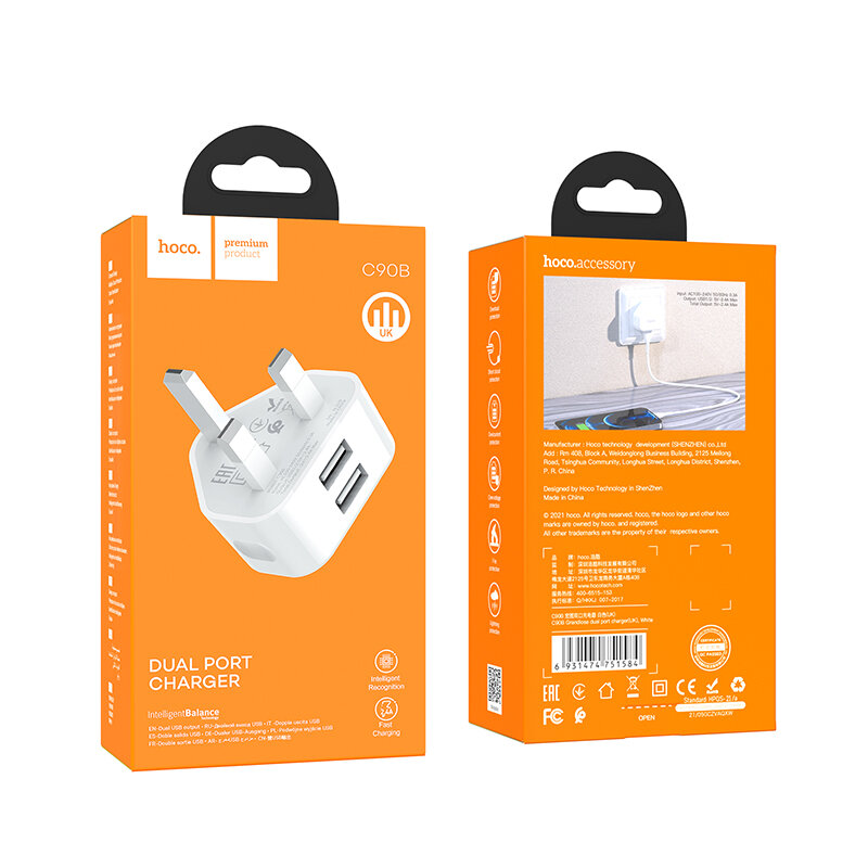 HOCO C90B2.1AデュアルUSBABS UK Plug Fast Charging Charger for Samsung Galaxy S21 Note S20 ultra Huawei Mate40 P50 OnePlus 9 Pro