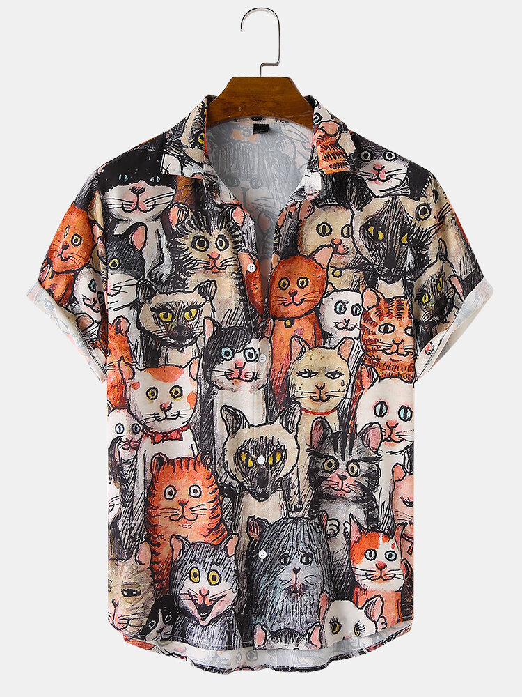 Heren Halloween Allover grappige kattenprint Casual loszittende shirts met korte mouwen