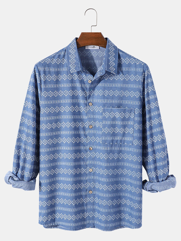 

Banggood Design Mens Cotton Ethnic Style Print Imitation Denim Long Sleeve Shirts With Pocket