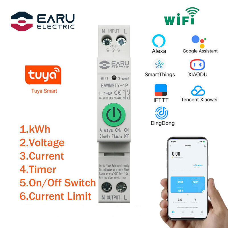 

EARU 1P + N / 2P Tuya Умный автоматический выключатель WIFI Умный счетчик энергии Потребляемая мощность на DIN-рейке Сче
