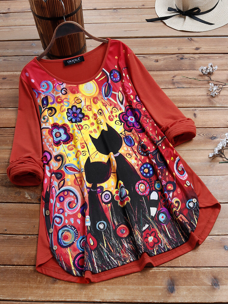 

Женщины Colorful Мультфильм Кот Милые блузки с длинными рукавами и неправильным низом с длинным рукавом