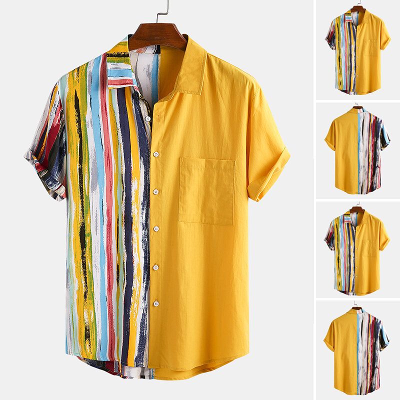 

INCERUN Men Fashion Striped Patchwork Shirts Casual Short Sleeve Lapel Printed Shirt Summer Loose Holiday Hawaiian Camis