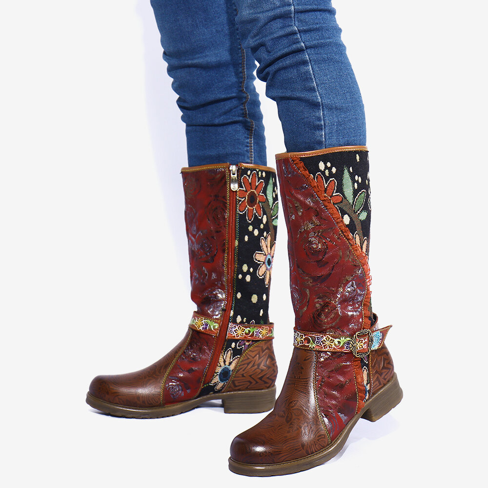 58% OFF on SOCOFY Women’s Splicing Floral Pattern Lace Buckle Deco Zipper Mid-calf Block Heel Boots