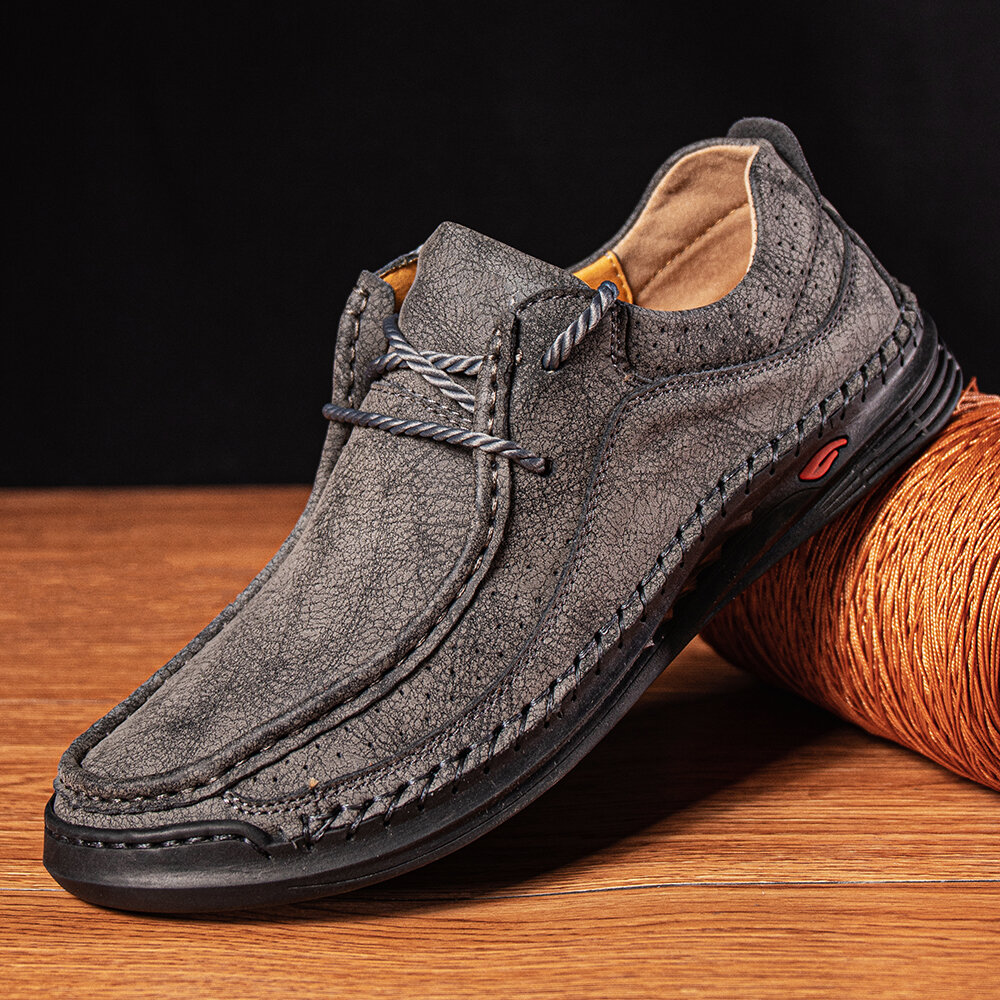 Men Microfiber Leather Hand Stitching Breathable Soft Sole Comfy Brief Solid Casual Shoes