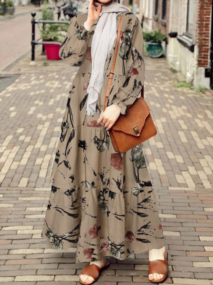 Women Retro Floral Printing Puff Sleeve O-Neck Casual Holiday Maxi Dress