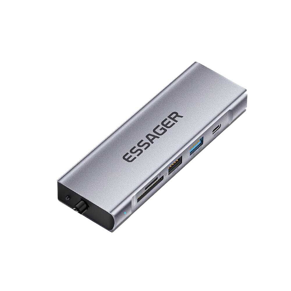 ESSAGER ES-TA08 8 in 1 Type-C Docking Station USB2.0 USB3.2 Gen2 PD100W 10Gbps USB-C 4K@30Hz HDMI SD/TF Card Reader Slot
