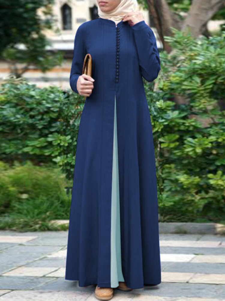 Vrouwen contrasterende kleur stiksels Boheemse knoop lange mouwen moslim maxi jurk Abaya Kaftan