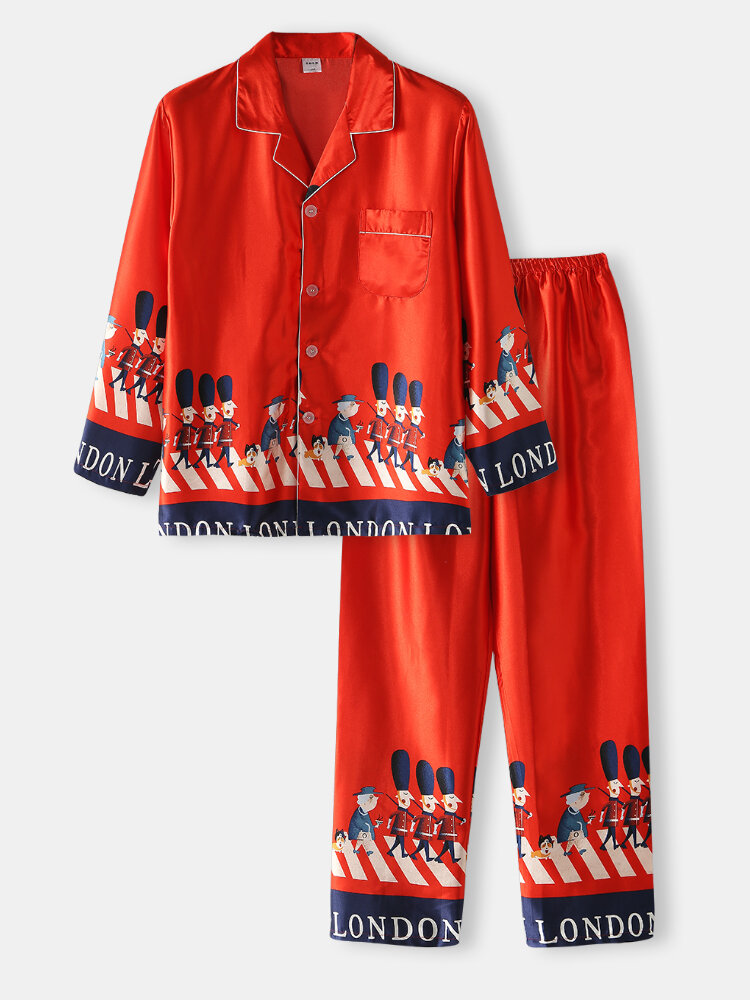 

Mens Cartoon Soldier Print Text Tape Faux Silk Home Casual Pajama Set With Flap Pocket