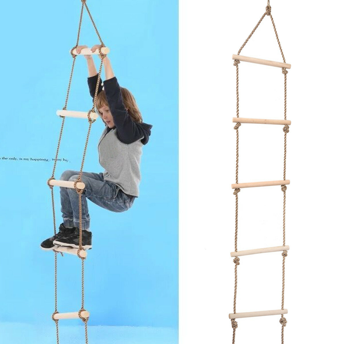 子供用屋内外プレイハウス木製300kg 5段ロープクライミングはしごおもちゃ.