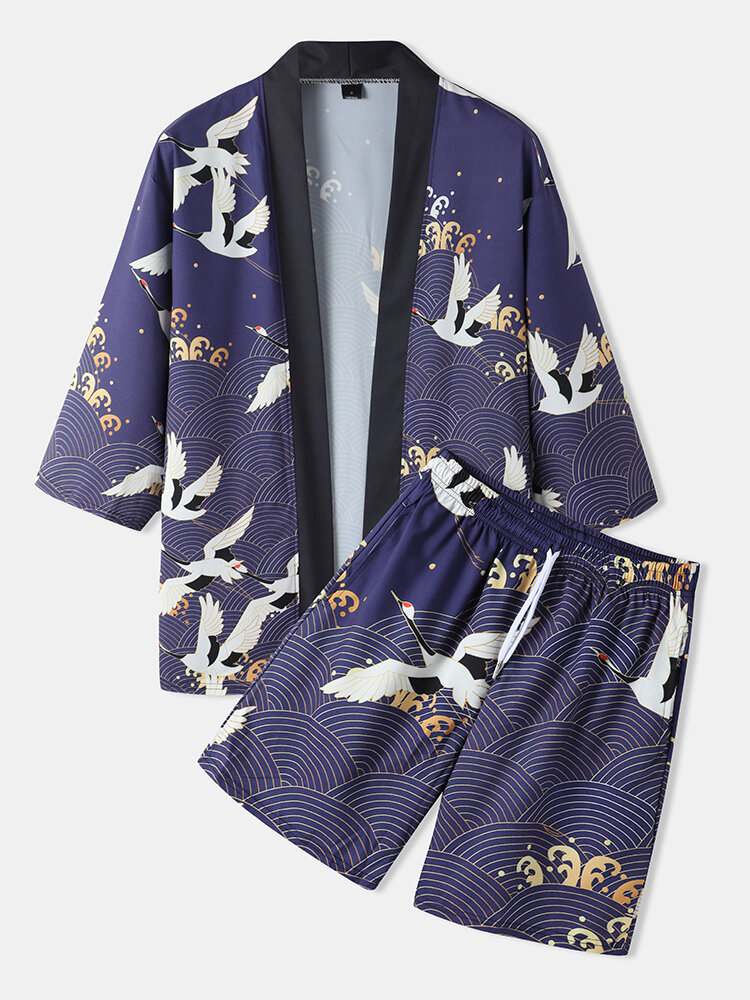 

Mens Kimono Ethnic Style Crane Print Open Front Casual Two Pieces Outfits