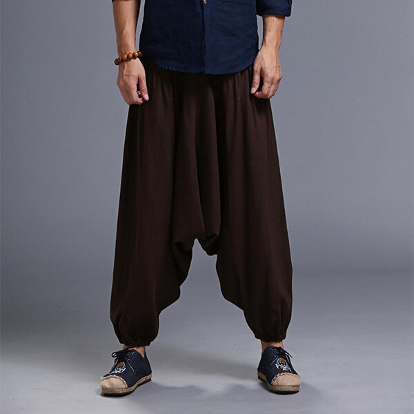 Men yoga loose drop crotch pants male casual harem pants elastic cotton ...