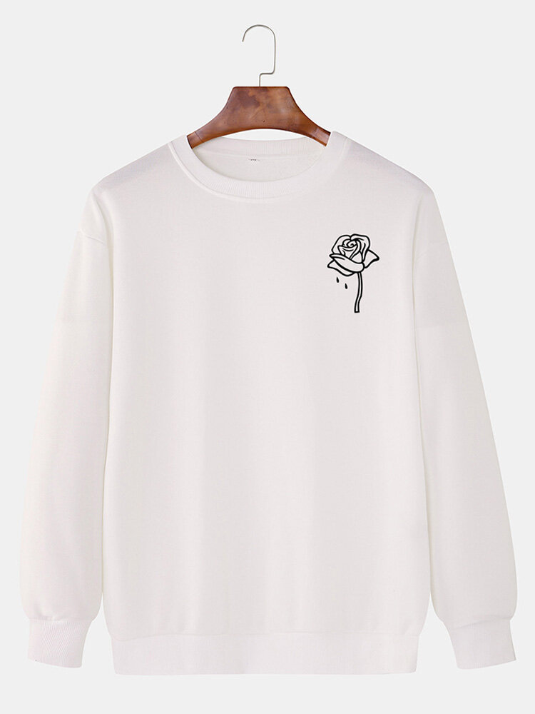 Katoenen heren Rose Print Pullover Drop Shoulder Casual Sweatshirts met lange mouwen