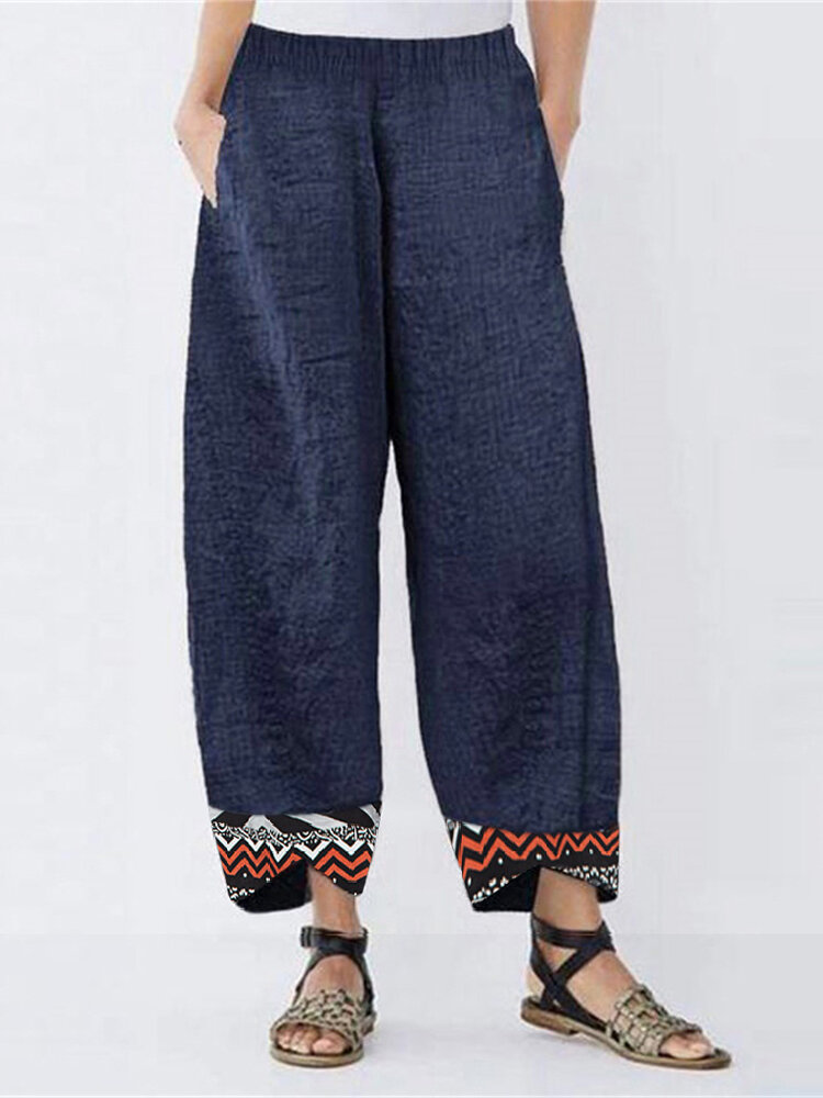 Dames Vintage Print patchwork zijzakken Losse casual broek