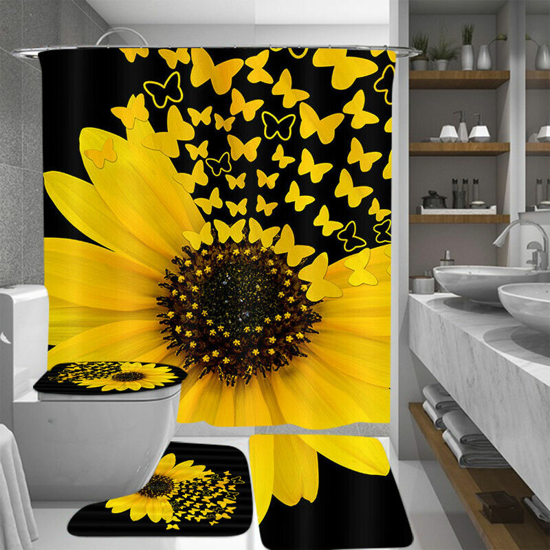 

Sunflower Butterfly Print Waterproof Bathroom Shower Curtain Toilet CoverCarpet Toilet Mat Set Decor