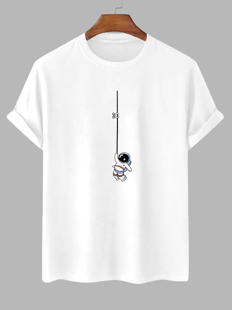 

Mens Cartoon Astronaut Print Crew Neck Short Sleeve T-Shirts