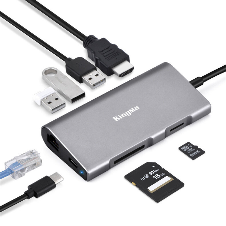 

KingMa 8-IN-1 Type-C Hub Docking Station Adapter with USB3.0*3+RJ45 Gigabit Ethernet +PD Fast Charging+4K HDMI HD Displa