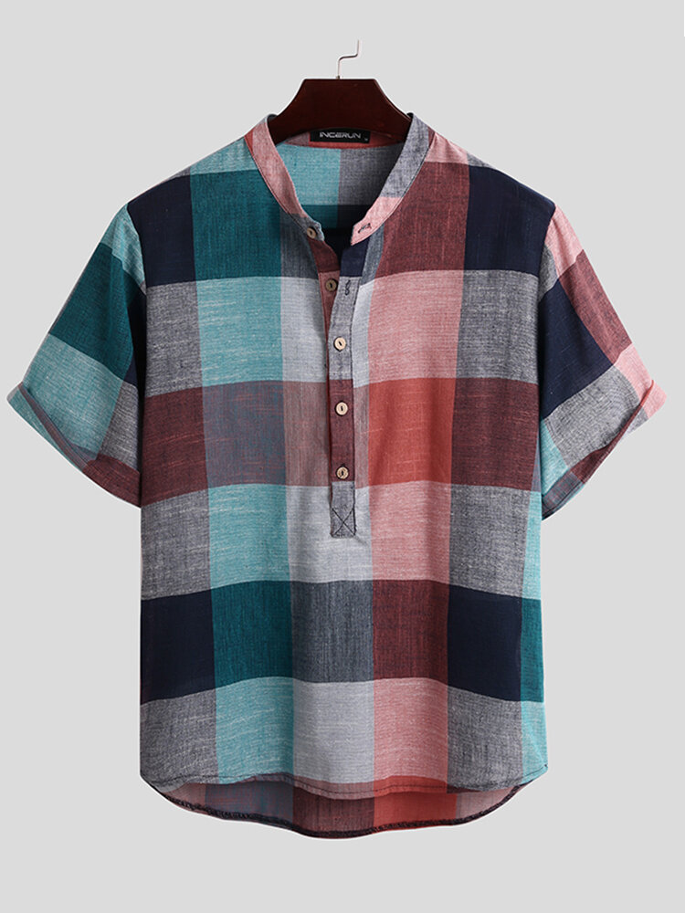 

Mens Vintage Plaid Color Block Style Stand Collar Half Button Casual Henley Shirts