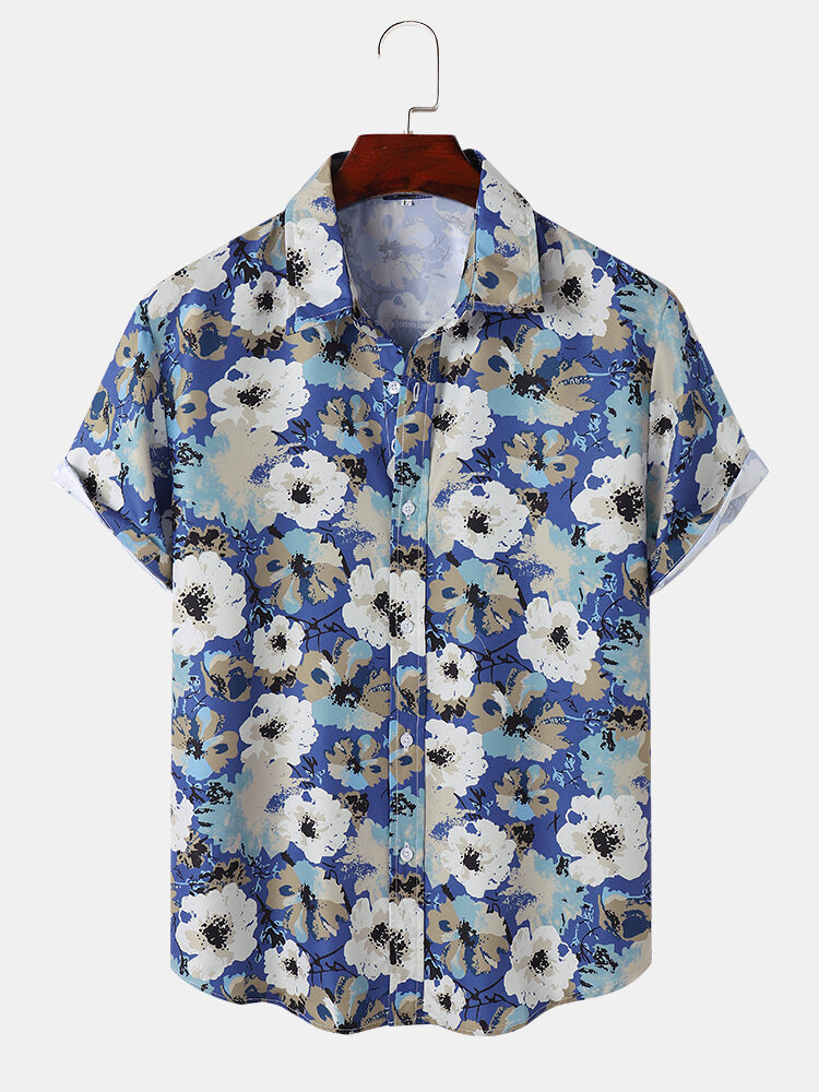 Men Floral Graphics Buttons Up Short Sleeve Graceful Soft Breathable Shirts