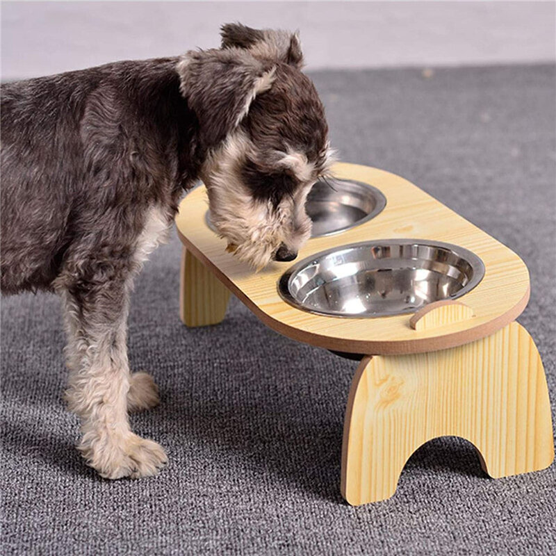 Stainless Steel Pet Bowl with High Quality Wood Mat Feeder Single/Double Bowls Set for Dogs Cats and