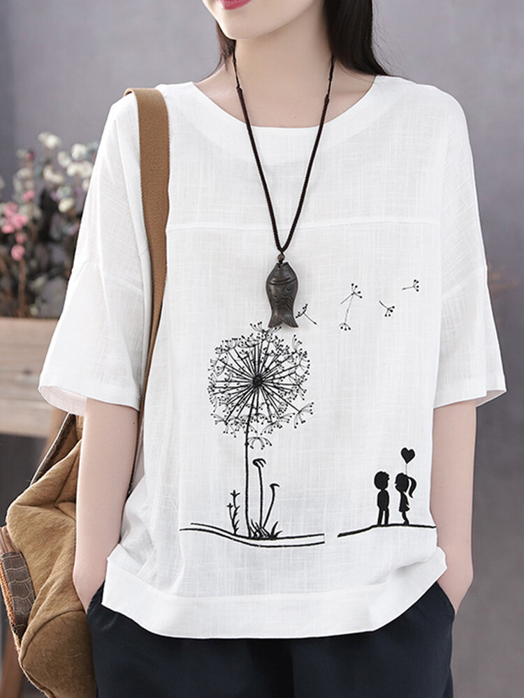 Cotton Flower Printed Round Neck Artsy Thin T-Shirt for Women, ZANZEA  - buy with discount