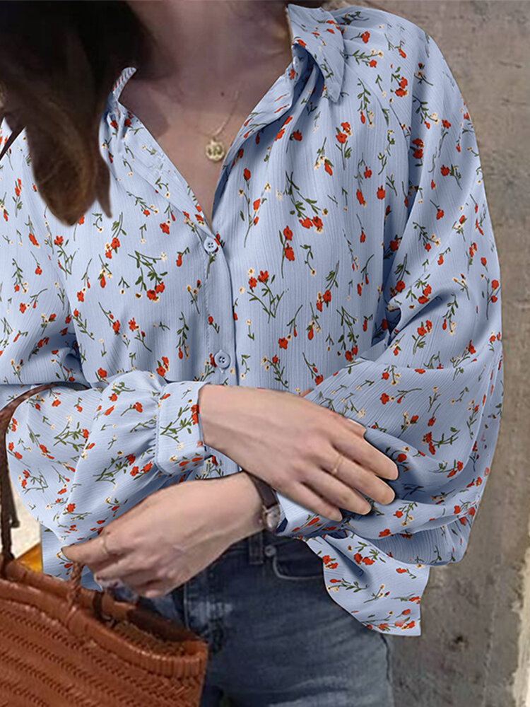 Calico Button Lapel Long Sleeve Shirt