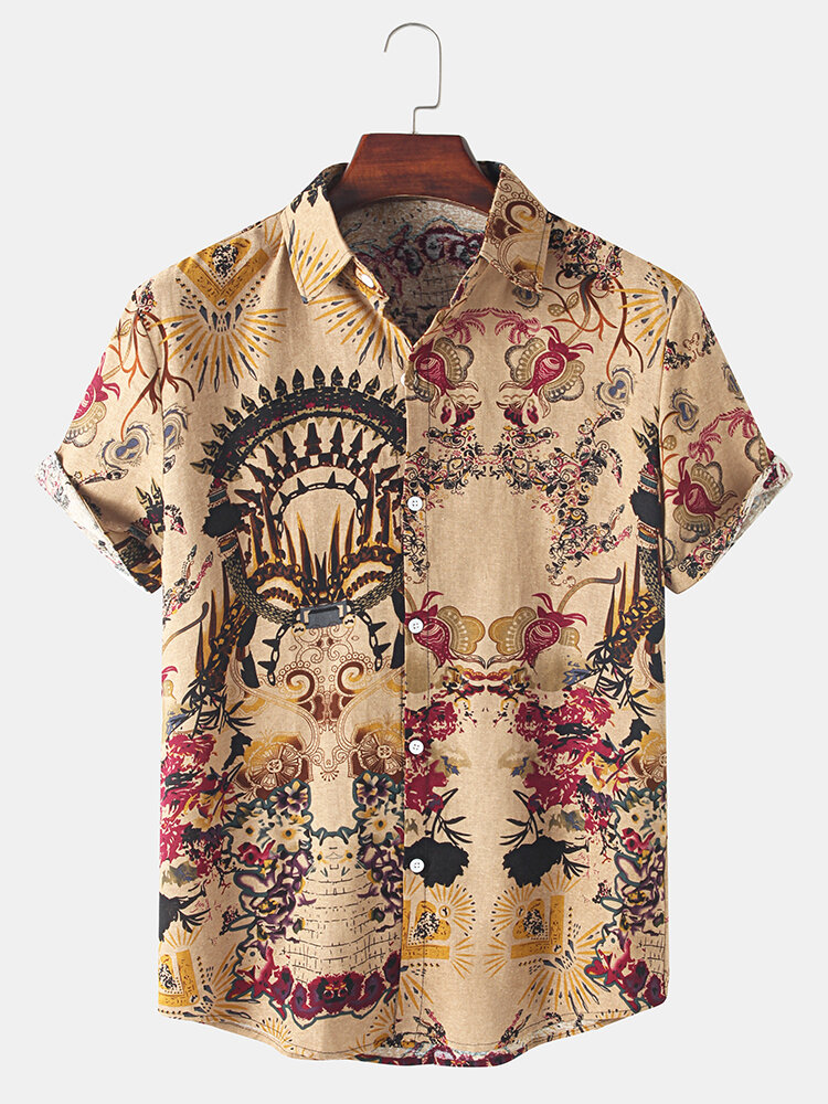 Mens National Style Floral Print Vintage Lapel Short Sleeve Shirt