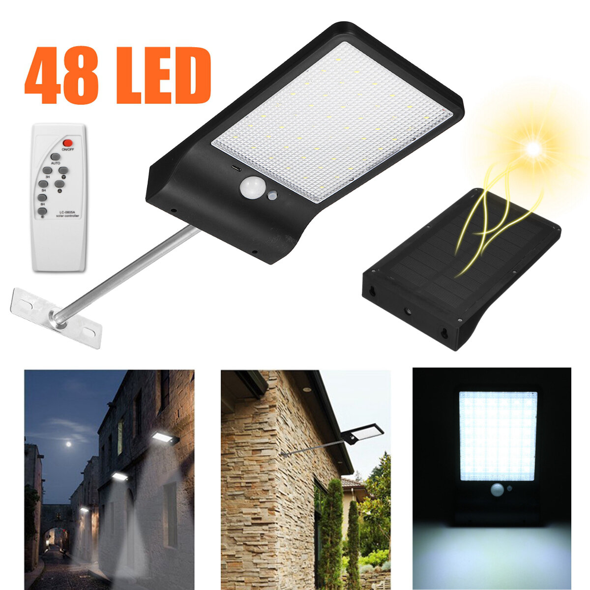 48LED Solar PIR Motion Sensor Wall Light Outdoor Yard Street Lamp+Remote Control 
