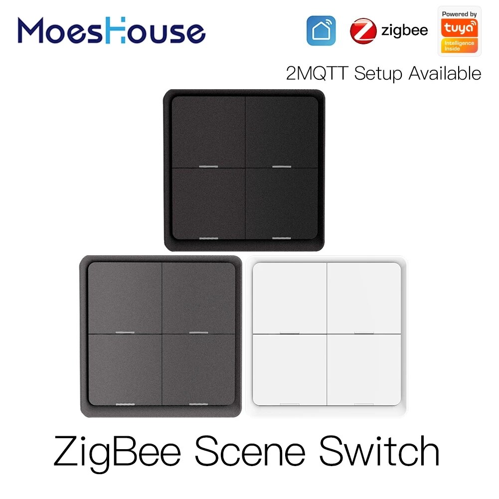 

MoesHouse Black/Gray 4 Gang Tuya ZB Wireless 12 Scene Switch Push Button Controller By battery 2MQTT Setup Automation Sc