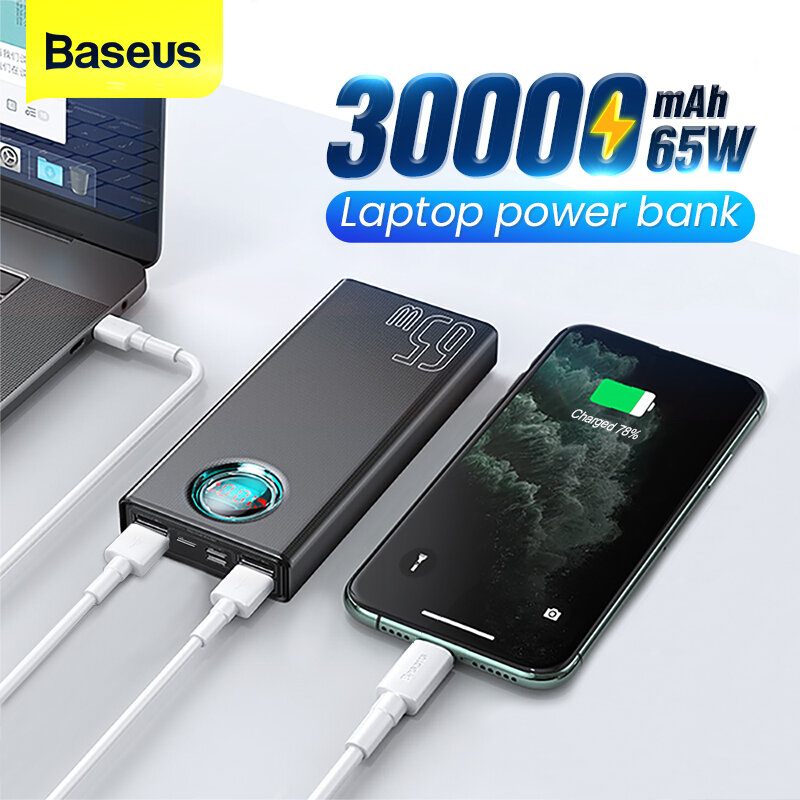 Baseus 65W USB PD 30000mAh Power Bank PD QC3.0 FCP SCP Fast Charging External Battery Charger 3 Inputs ＆ 5 Outputs With 100W USB－C to USB－C Cable For iPhone 12 12 Mini 12 Pro For Samsung Galaxy Note 20 Ultra Xiaomi Mi10 For iPad Pro 2020 MacBook Air 2020 － Black