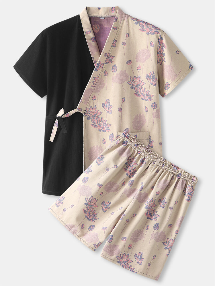 Heren pyjamas voor heren in contrasterende kleur, bloemenprint, katoenen tweedelige sauna-badkleding